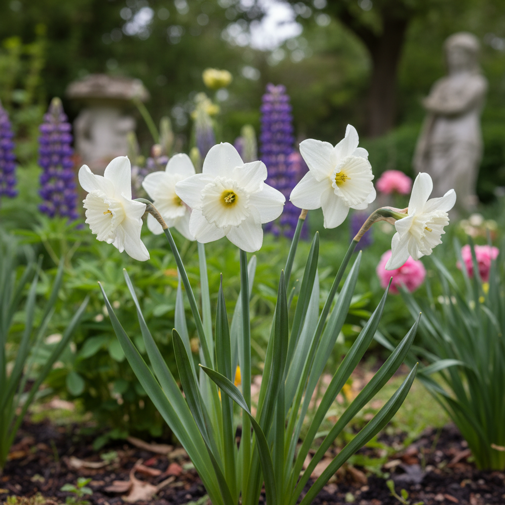 Triandrus daffodil ‘Thalia’ in garden setting