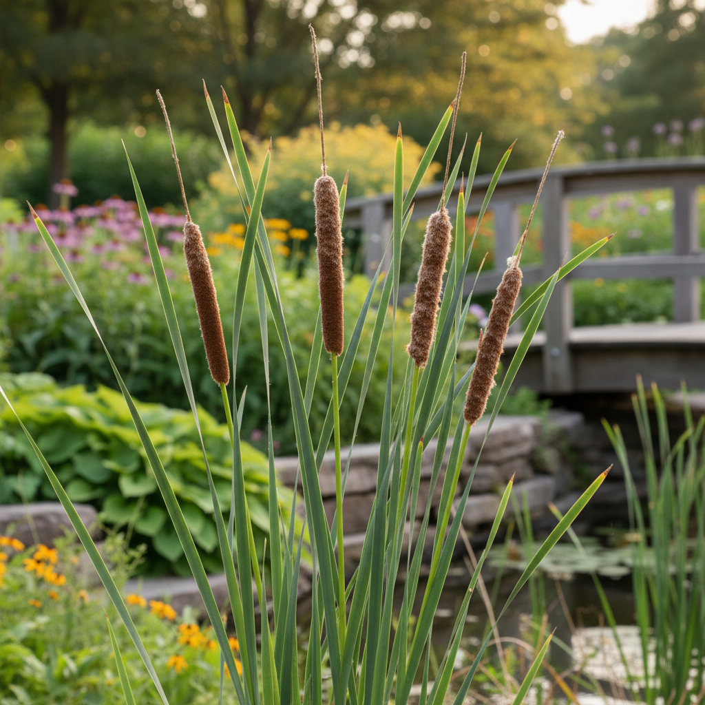 Common cattail in garden setting
