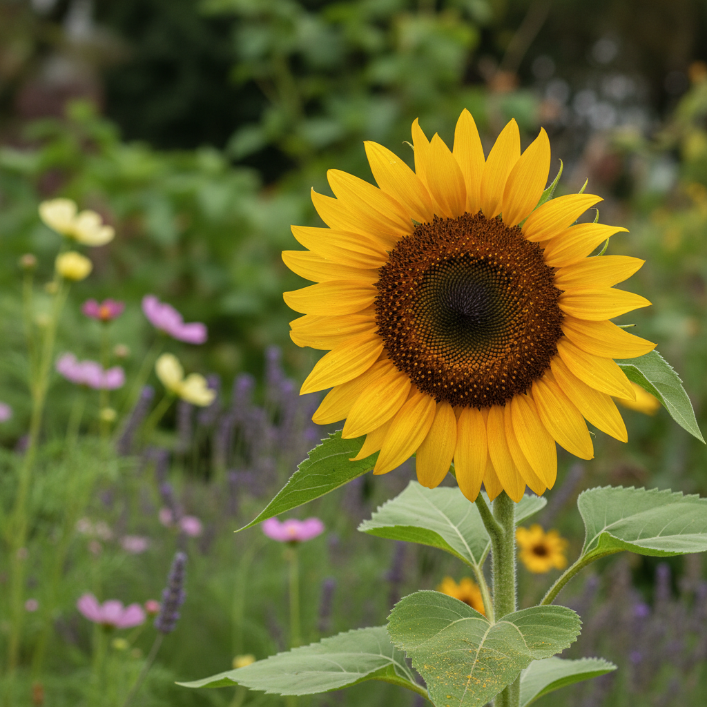 Sunflower in garden setting