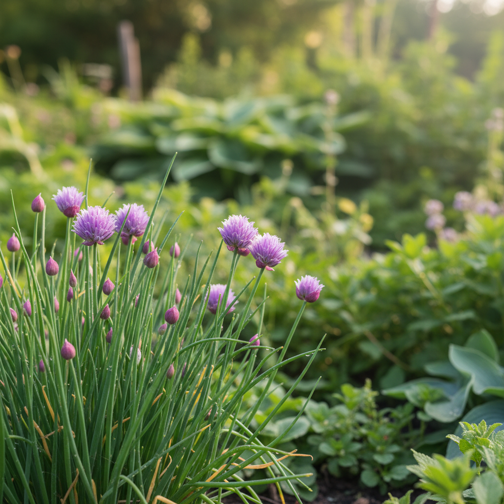 Chives in garden setting