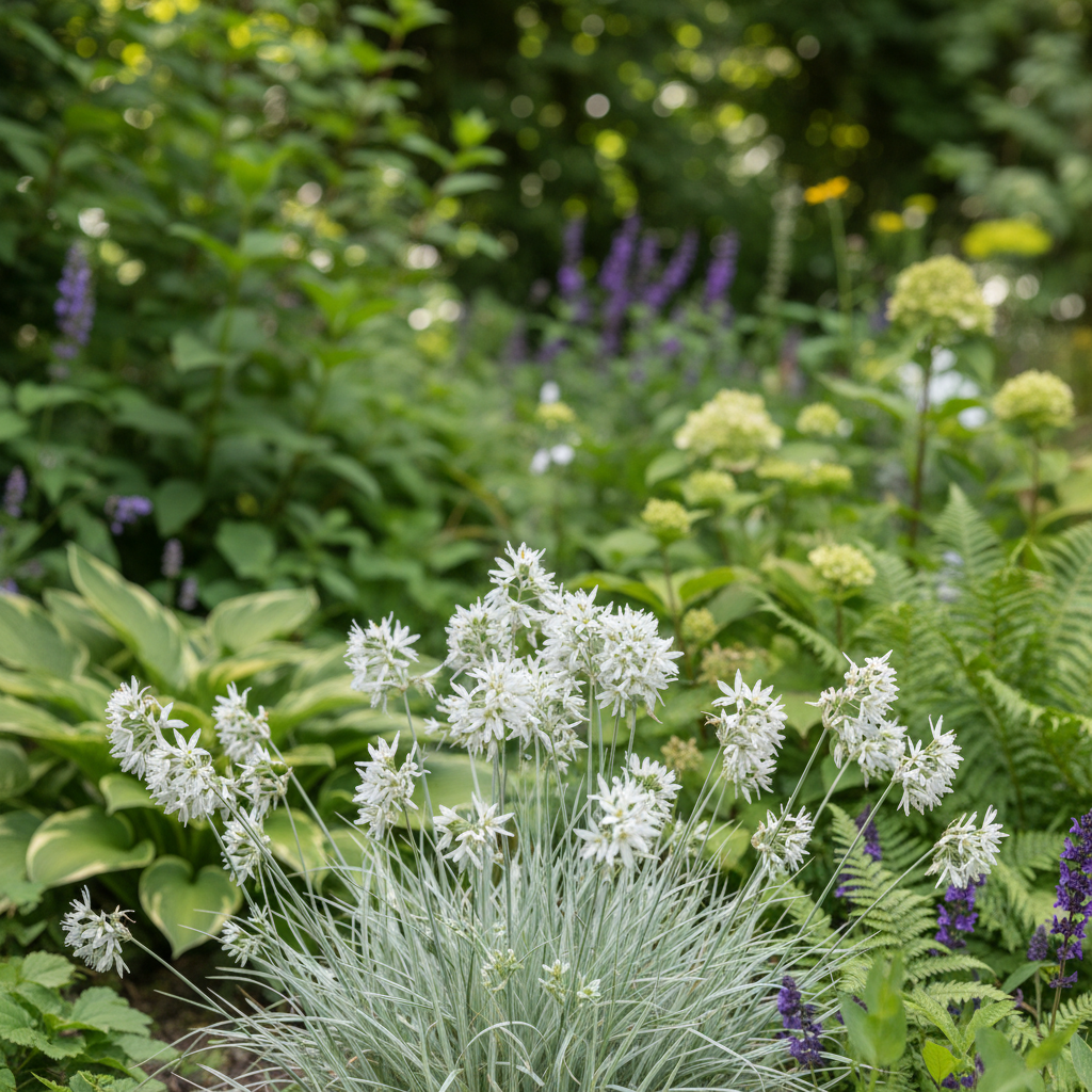 Snowy Woodrush in garden setting