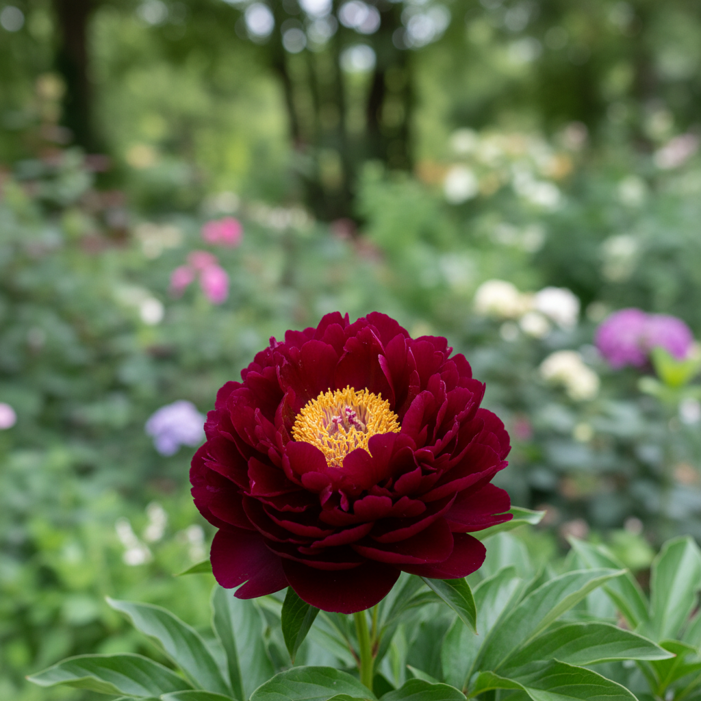 Peony ‘Buckeye Belle’ in garden setting