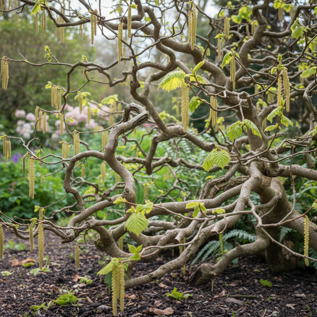Corkscrew hazel in garden setting