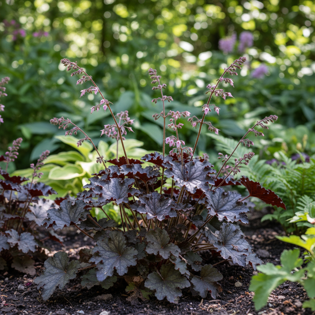 Heuchera Raven in garden setting