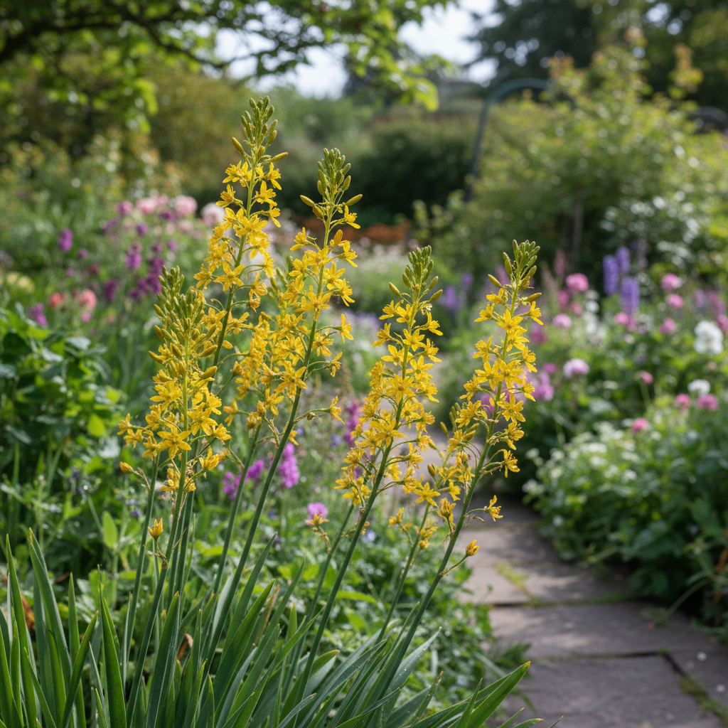 Yellow Asphodel in garden setting