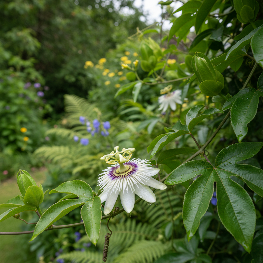 Passion flower in garden setting