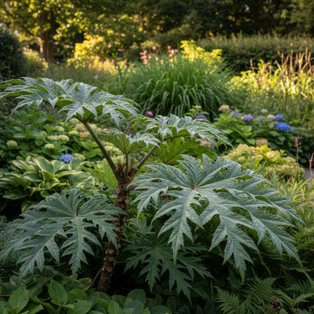 Rice paper plant in garden setting
