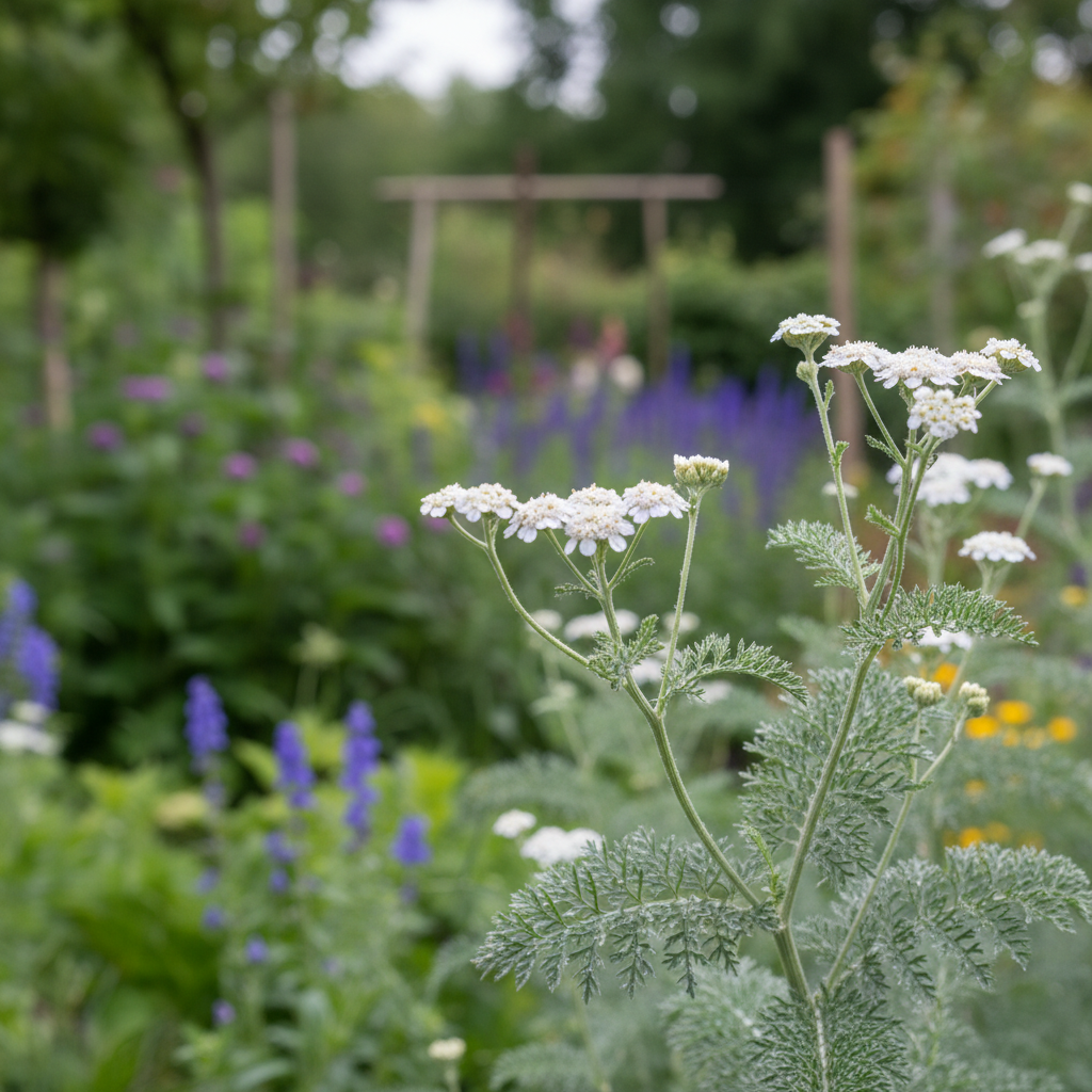 English mace; Sweet Nancy; Sweet yarrow in garden setting