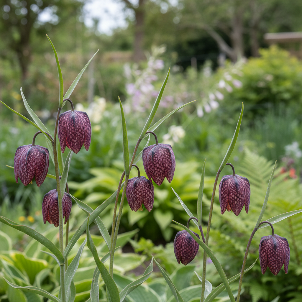 Snake’s-head fritillary in garden setting