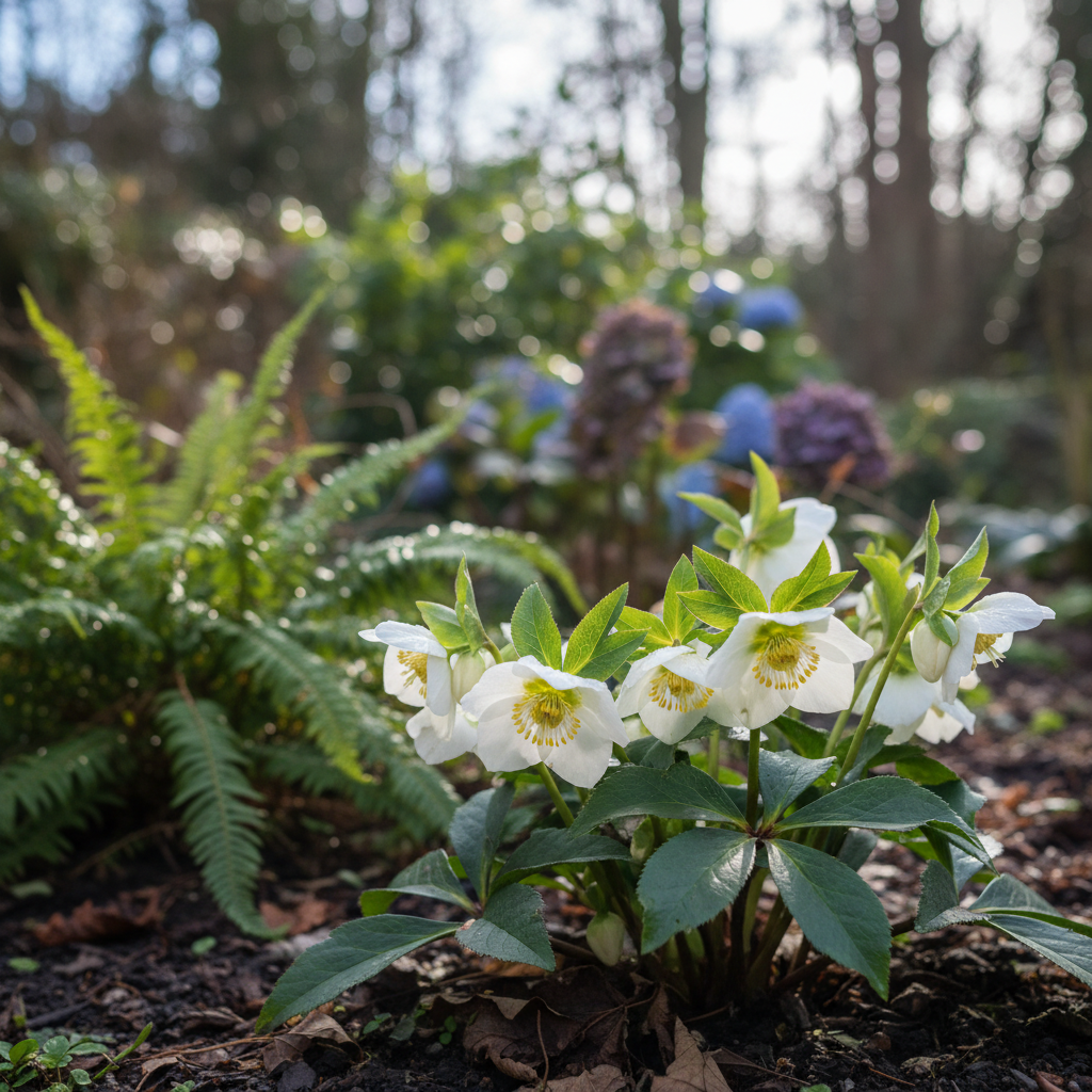 Hellebore Christmas Rose in garden setting