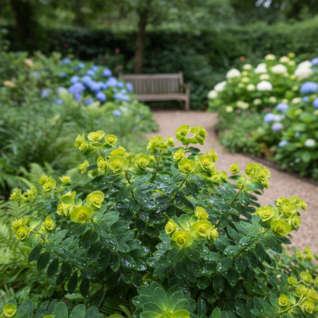Wood spurge; Mrs Robb’s Bonnet in garden setting