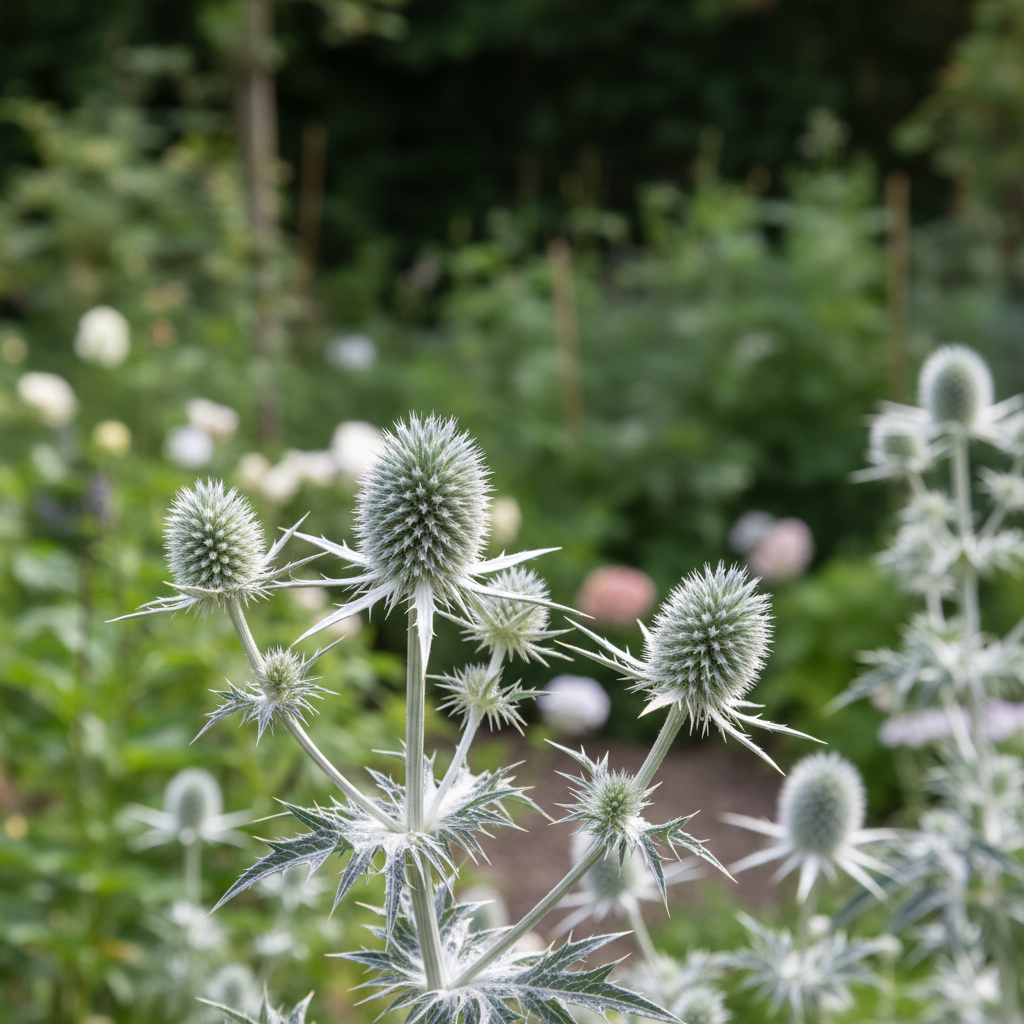 Tall eryngo ‘Silver Ghost’ in garden setting