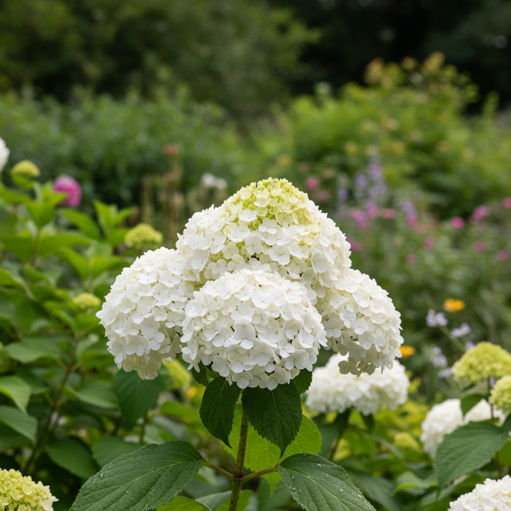 Hydrangea Annabelle in garden setting