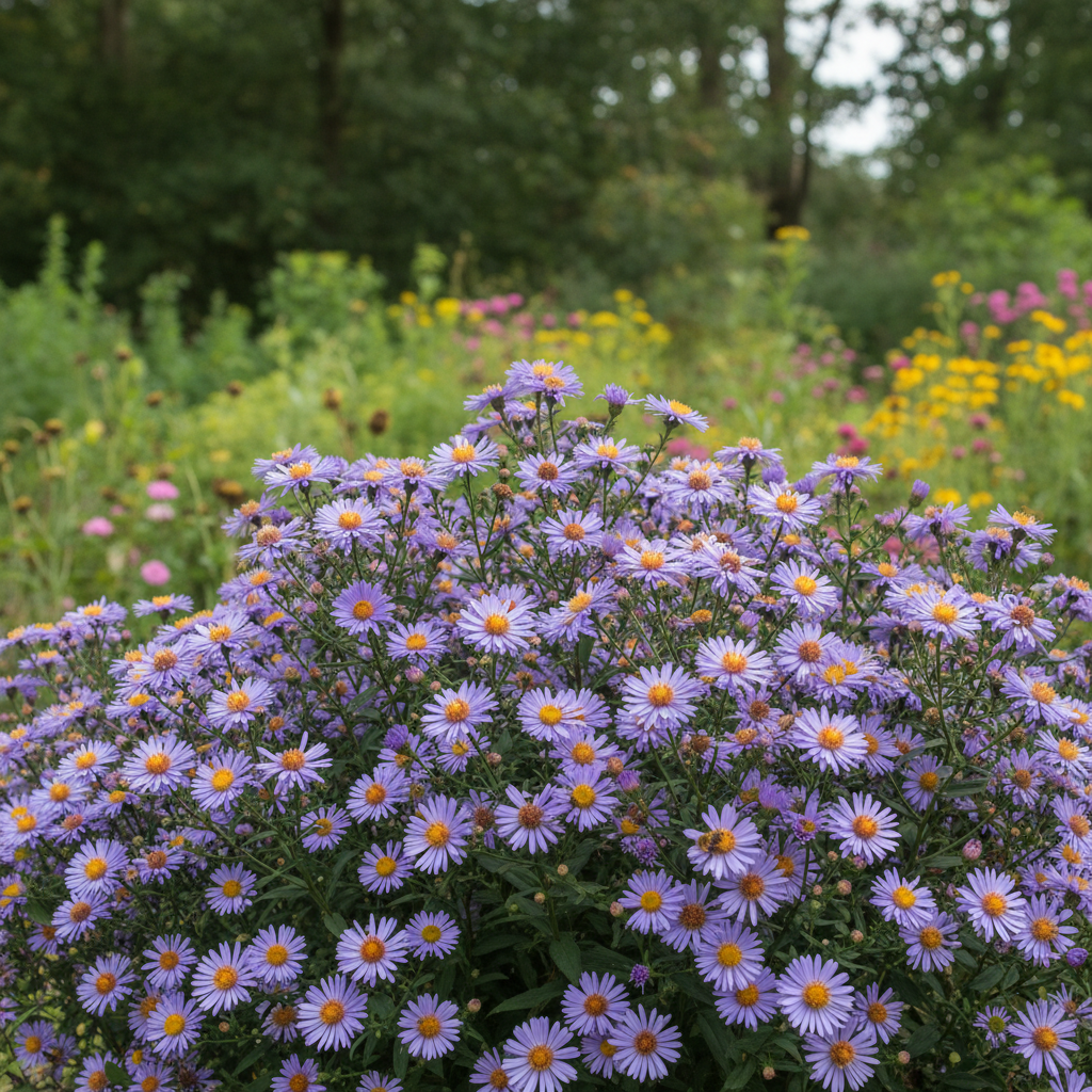 New England Aster in garden setting