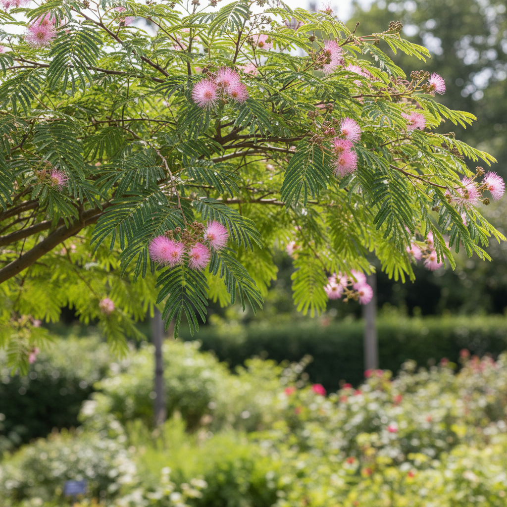 Persian silk tree in garden setting