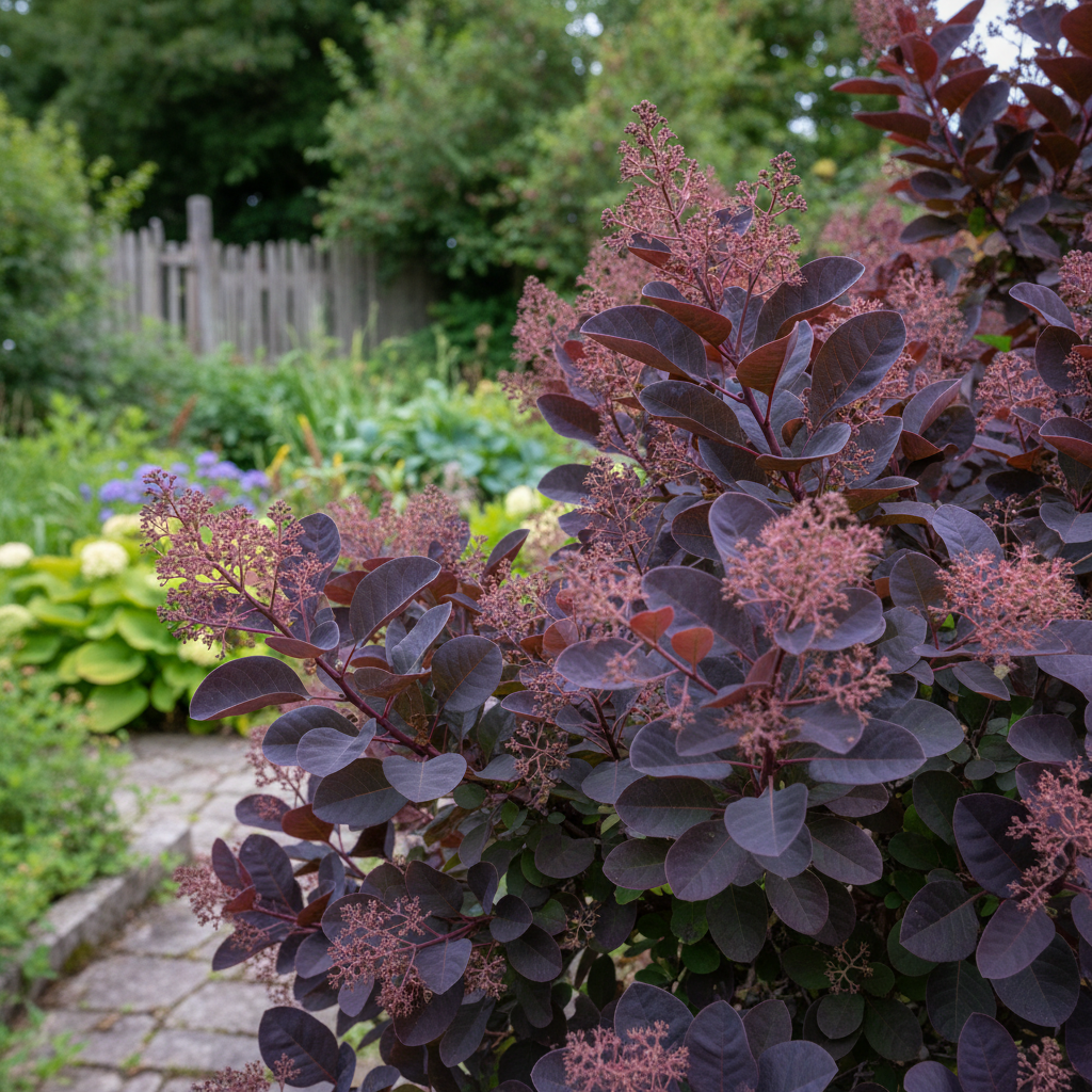 Purple Smoke Bush in garden setting