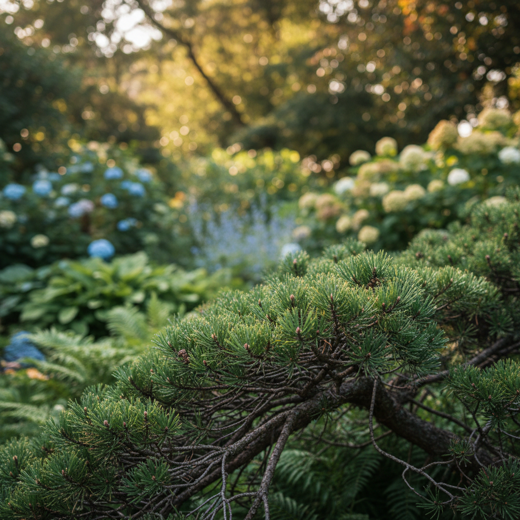 Dwarf mountain pine in garden setting