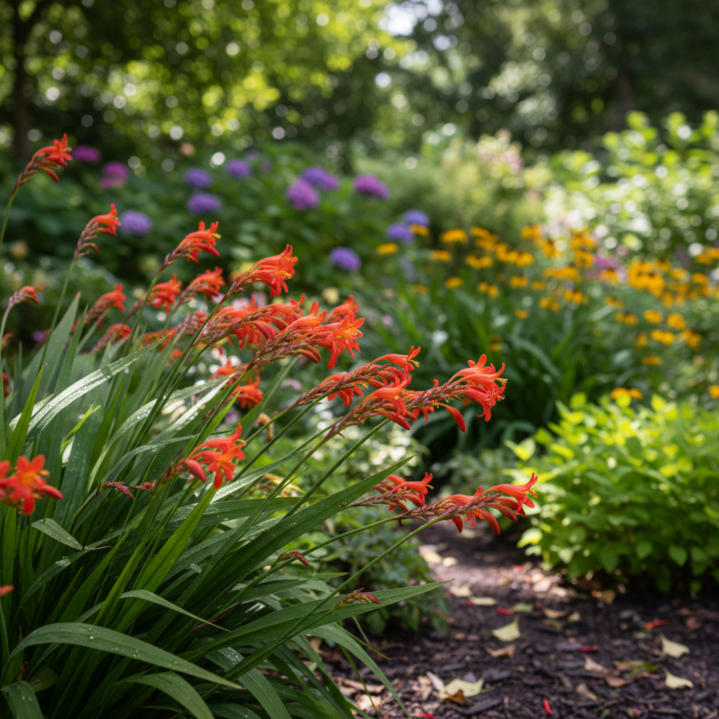 Montbretia in garden setting