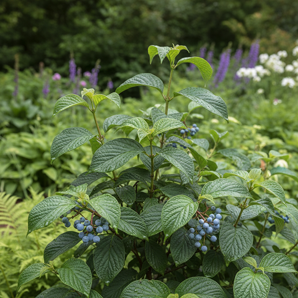 David viburnum in garden setting