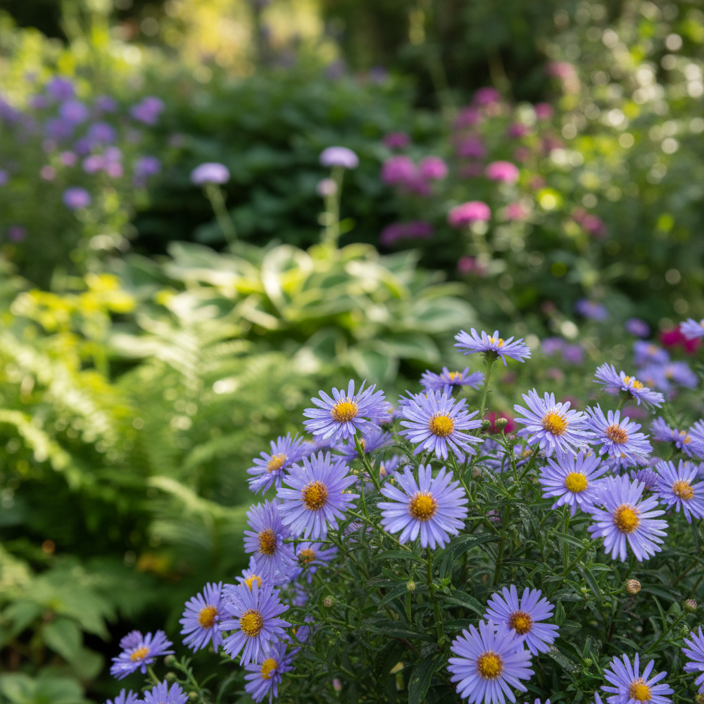 Michaelmas daisy in garden setting