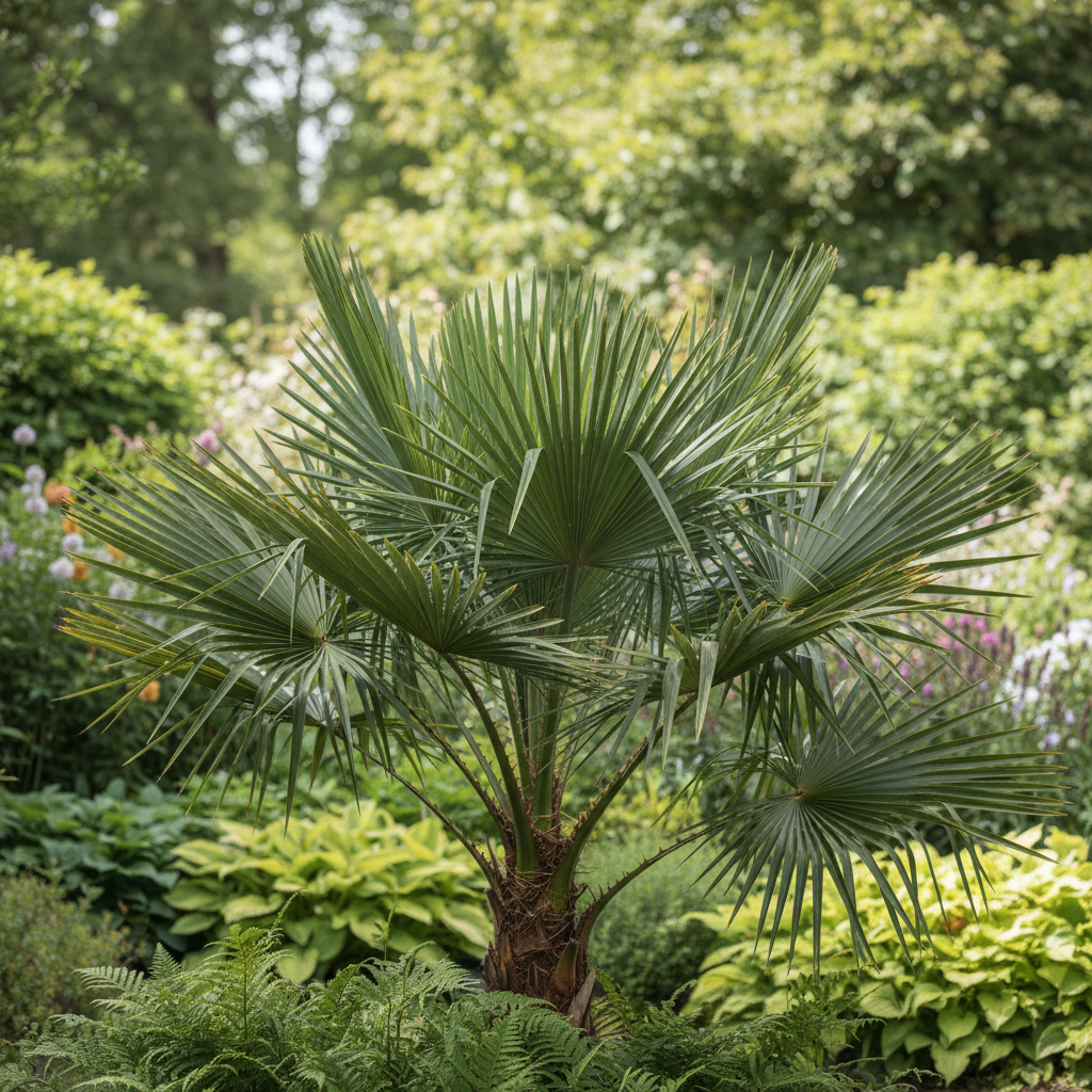 European Fan Palm in garden setting