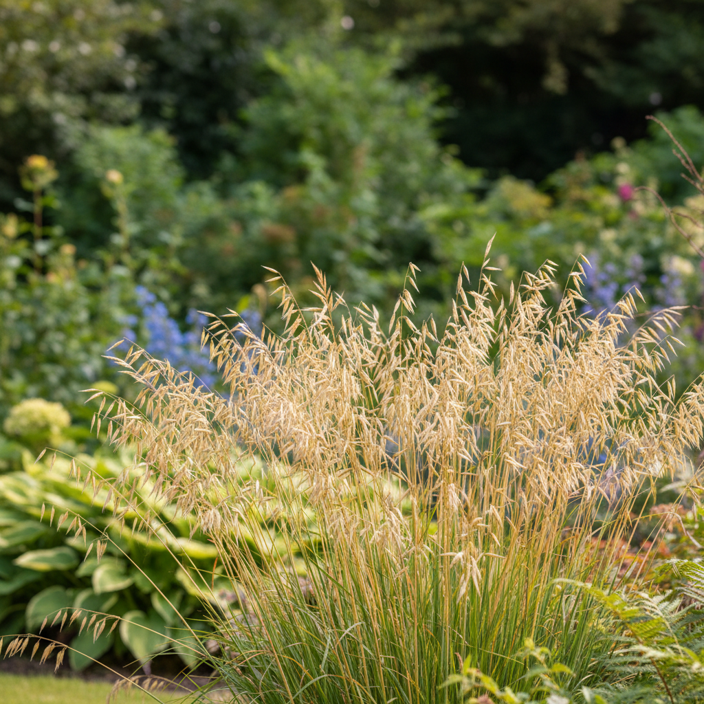 Golden oats in garden setting
