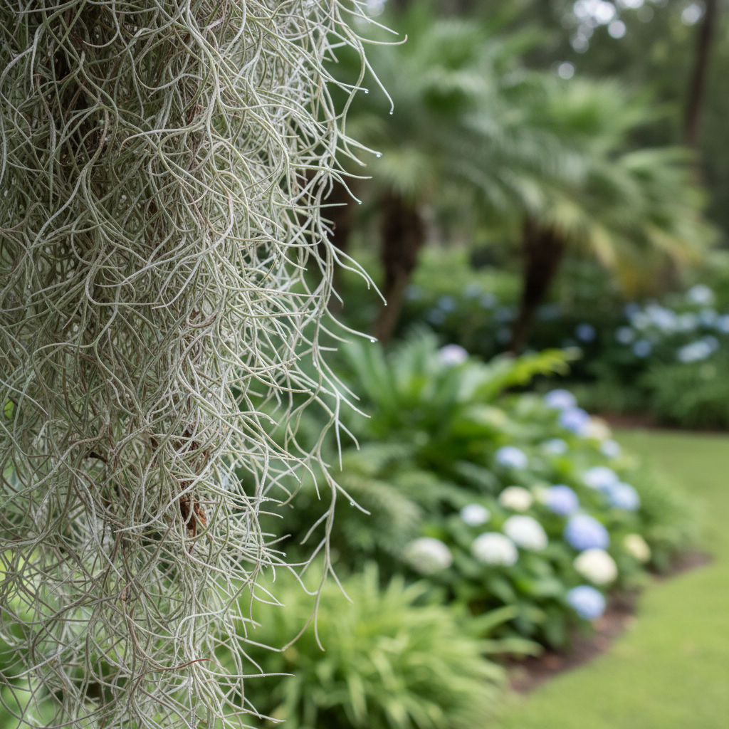 Spanish moss in garden setting