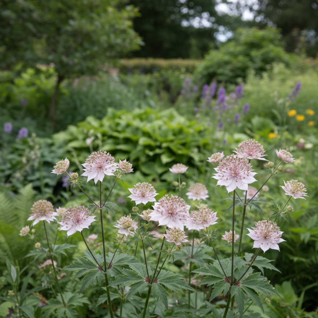 Astrantia Roma in garden setting