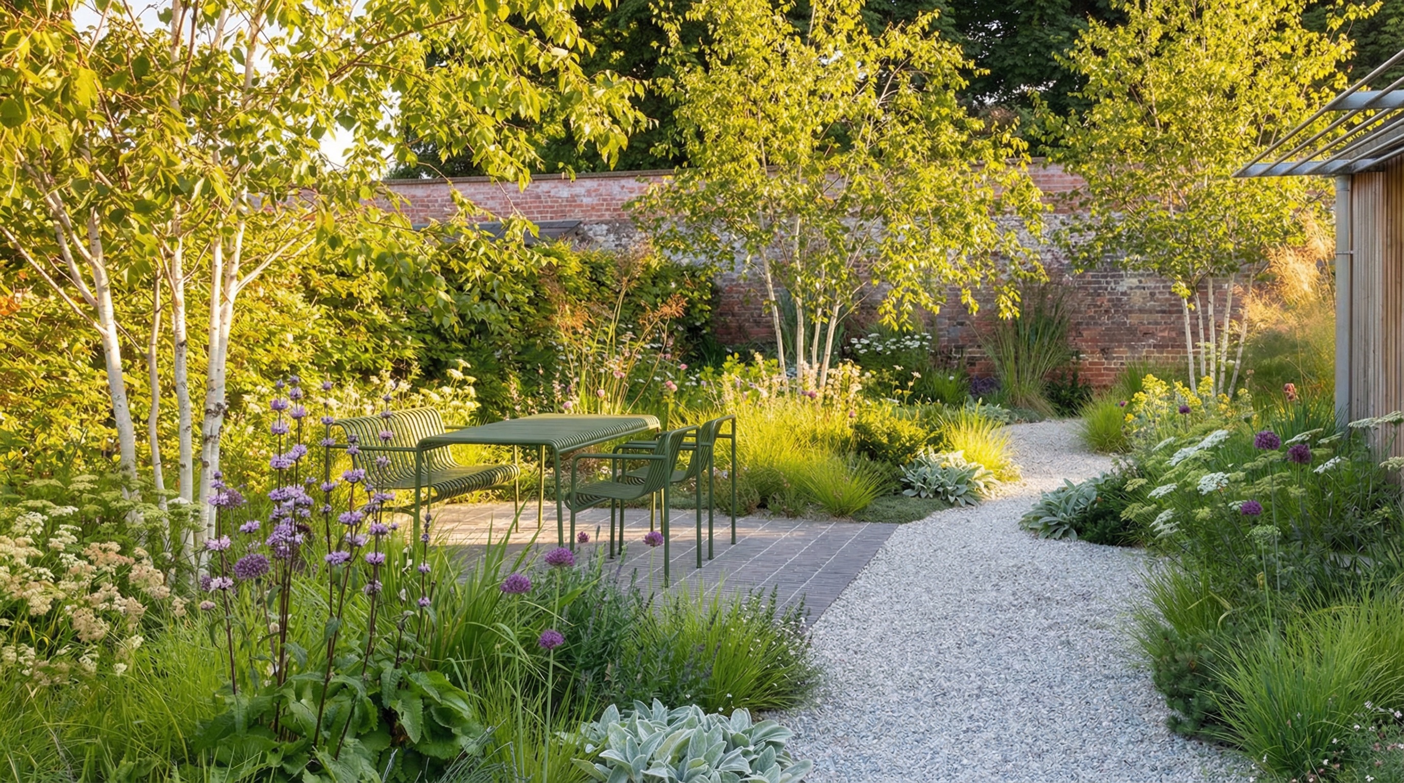 A naturalistic garden border with silver birch, alliums, and ornamental grasses in golden hour light