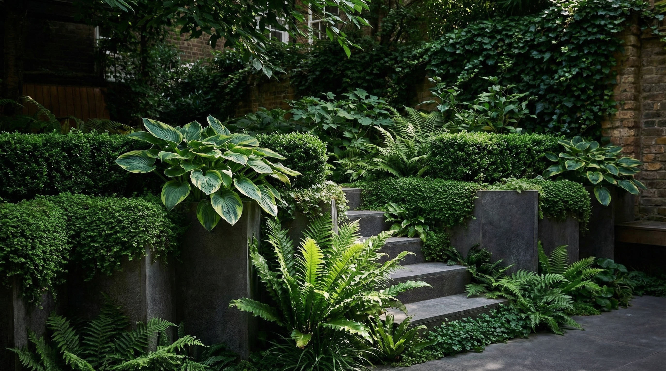 A lush shade garden with ferns, hostas, and boxwood in a moody urban courtyard