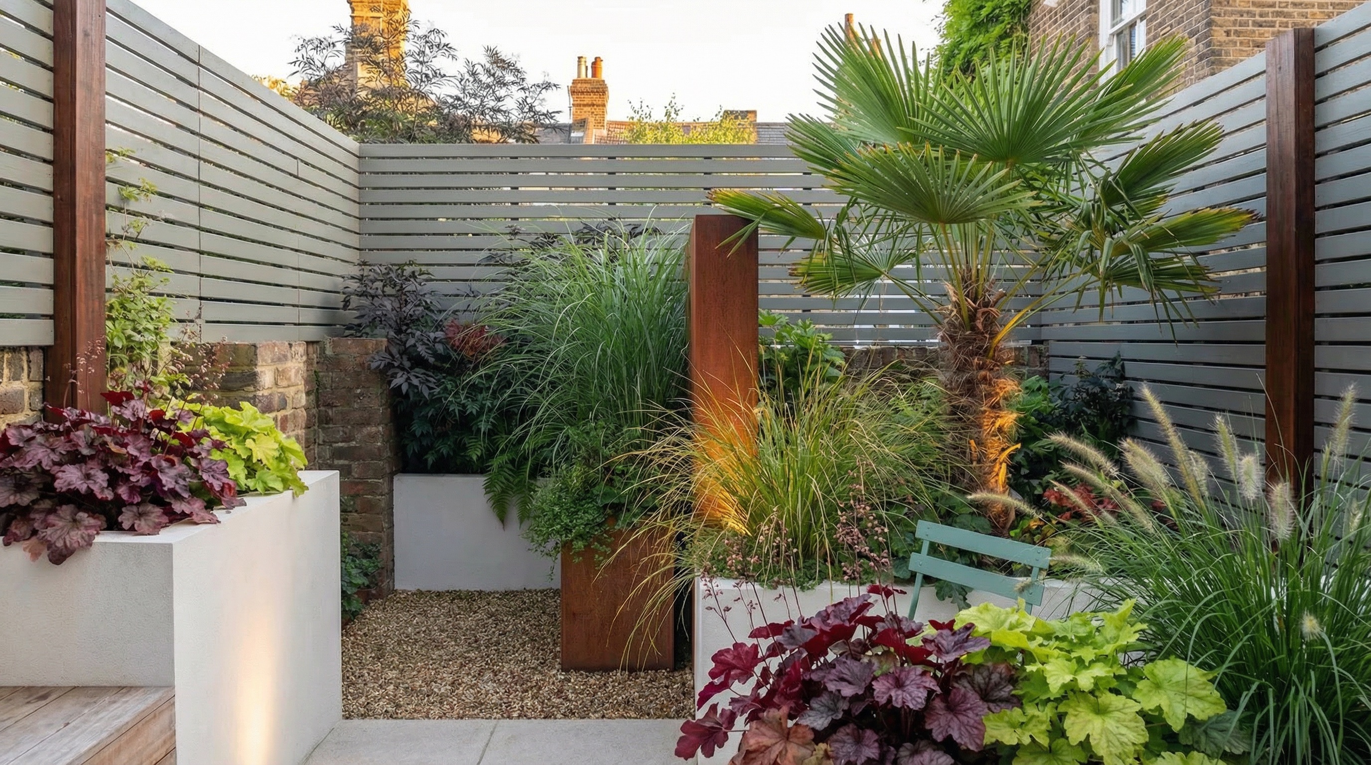 A modern architectural garden with layered evergreen foliage, coral bells, and climbing plants