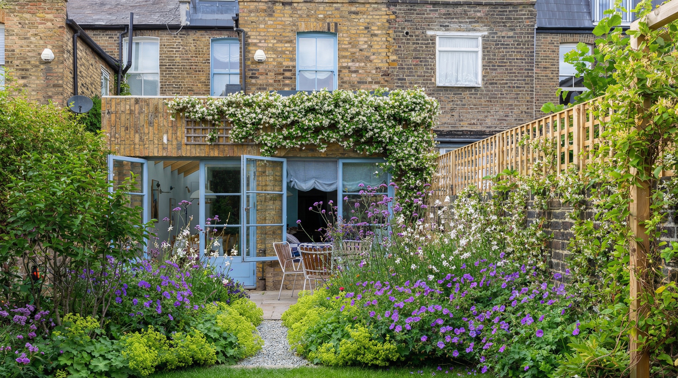 A cottage garden in full summer bloom with jasmine, poppies, honeysuckle, and cranesbill geraniums