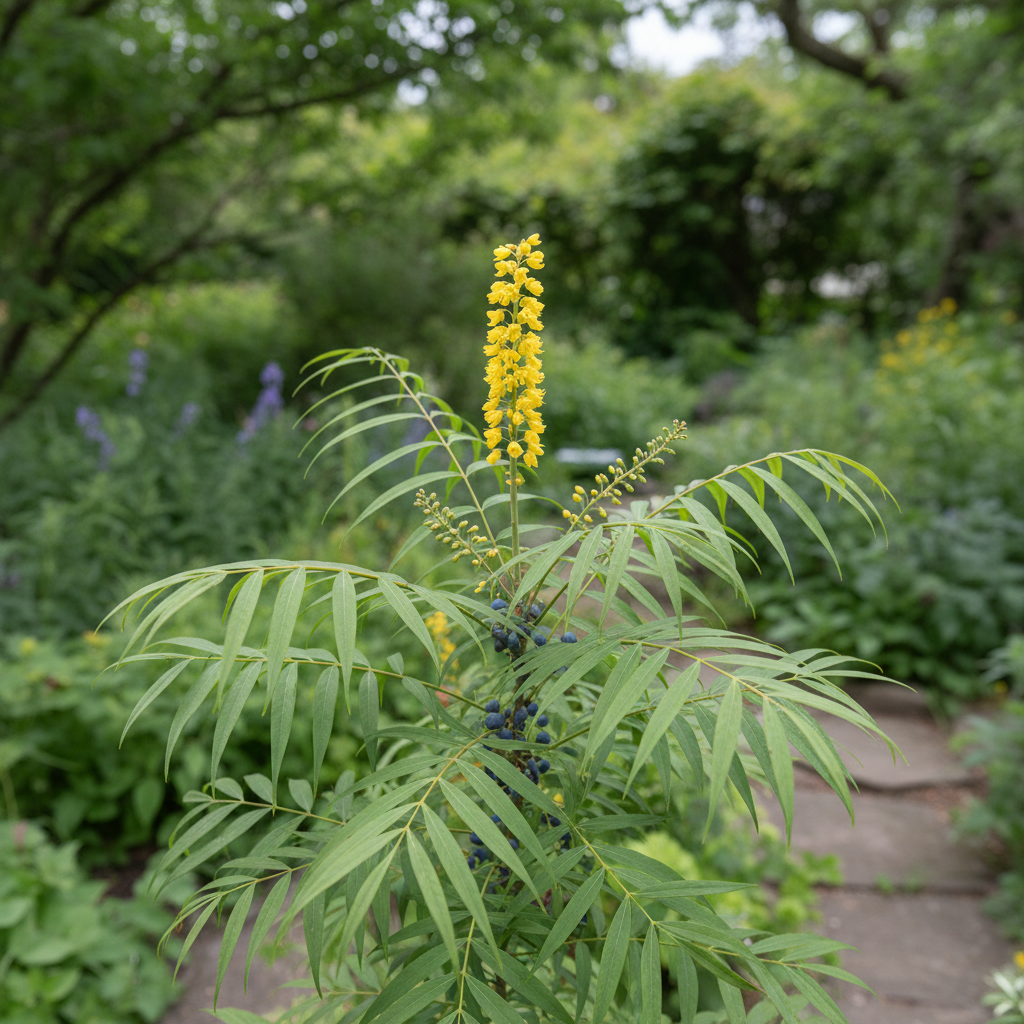 Oregon grape ‘Soft Caress’ in garden setting