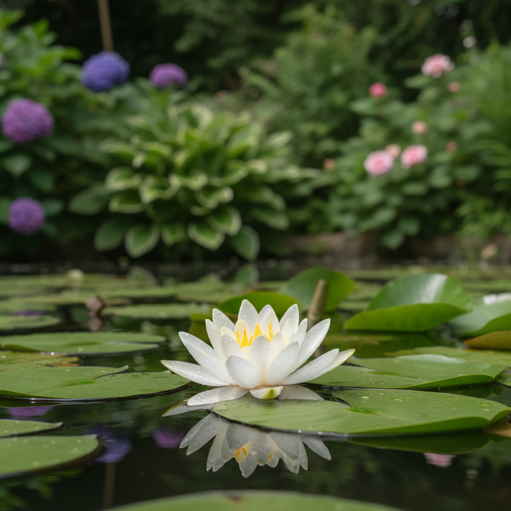 White water lily in garden setting