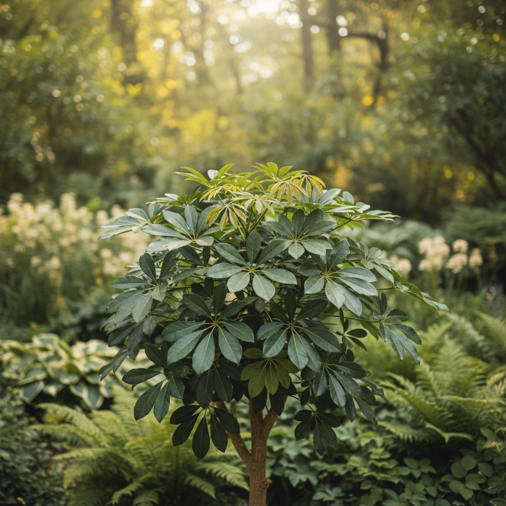Dwarf Umbrella Tree in garden setting