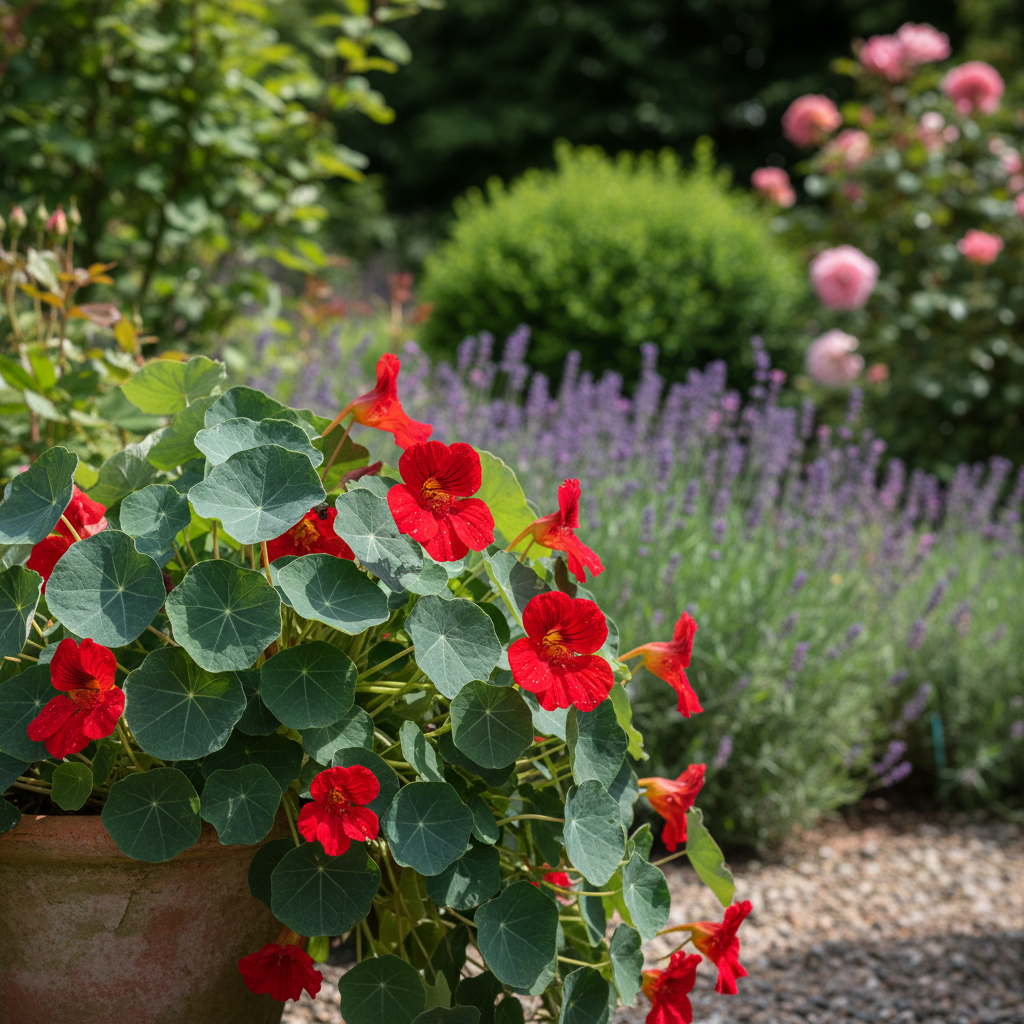 Nasturtium ‘Empress of India’ in garden setting
