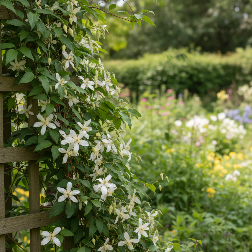 Armand clematis in garden setting
