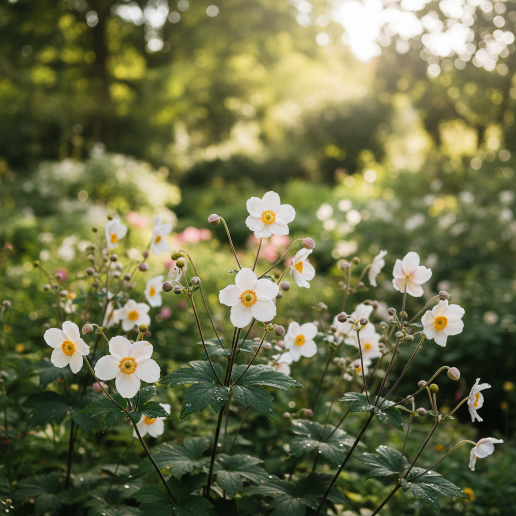 Japanese anemone in garden setting
