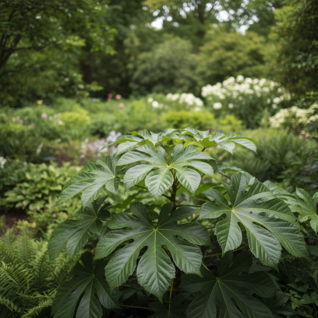 Japanese aralia in garden setting