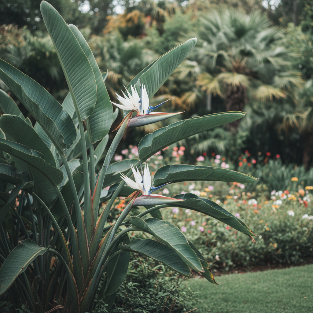 Giant White Bird of Paradise in garden setting
