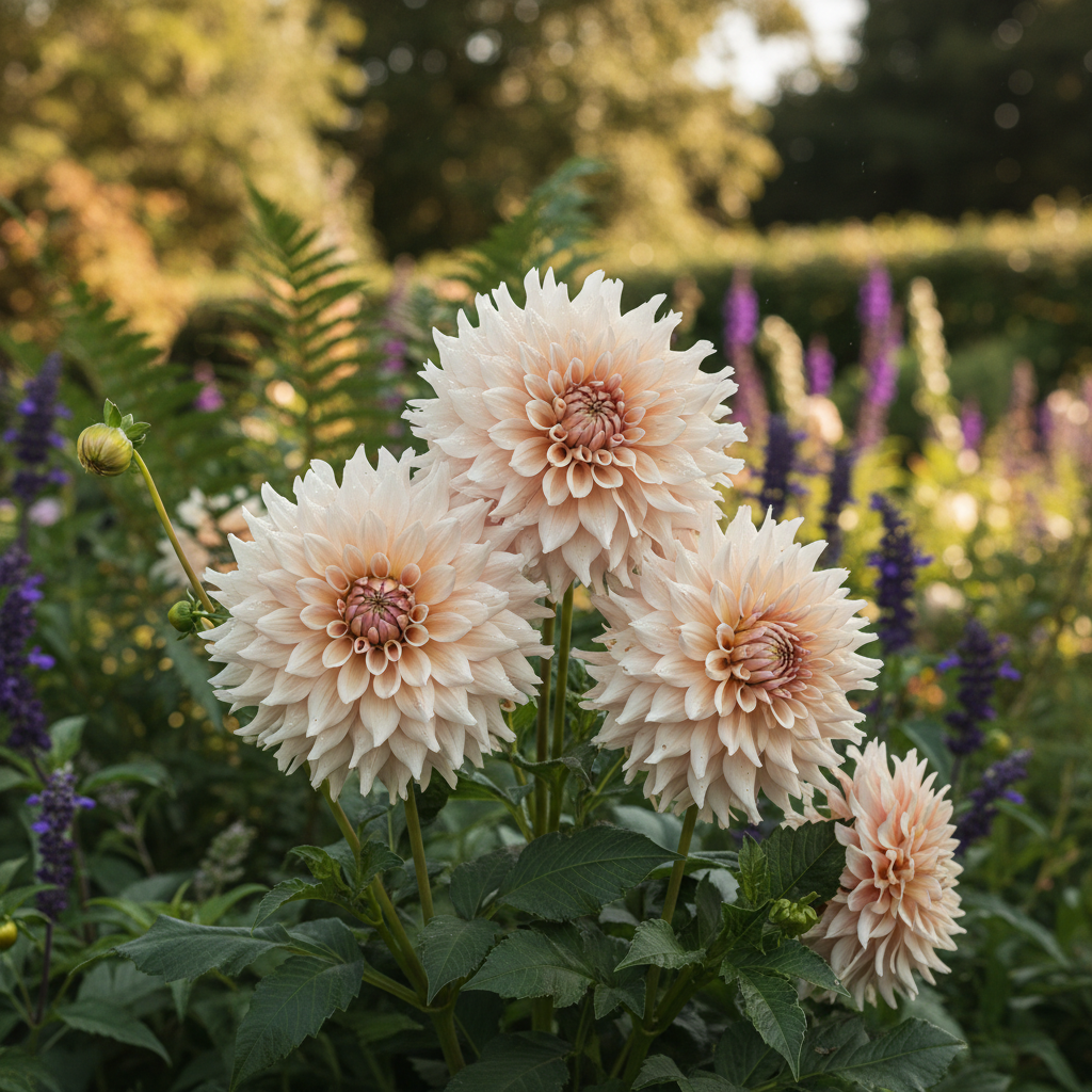 Dahlia 'Café au Lait' in garden setting