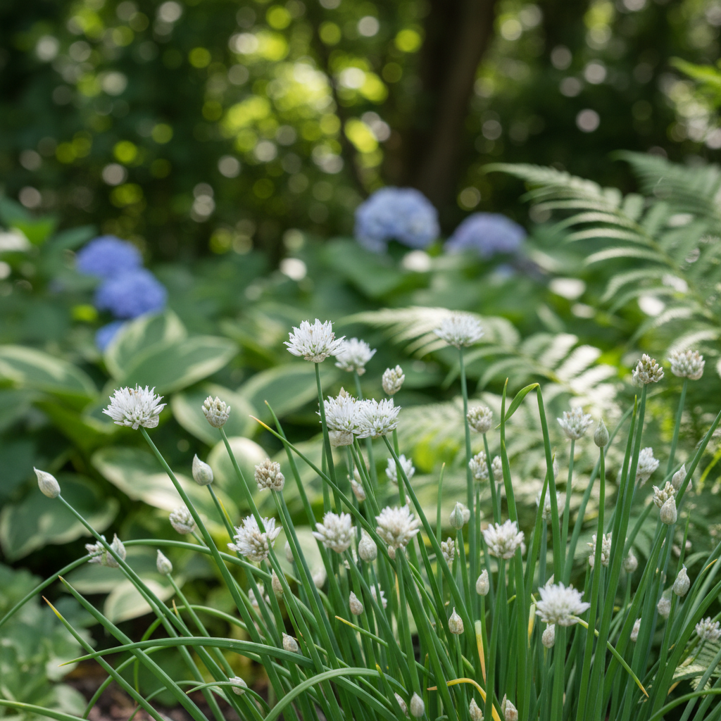 Chinese chives; garlic chives in garden setting