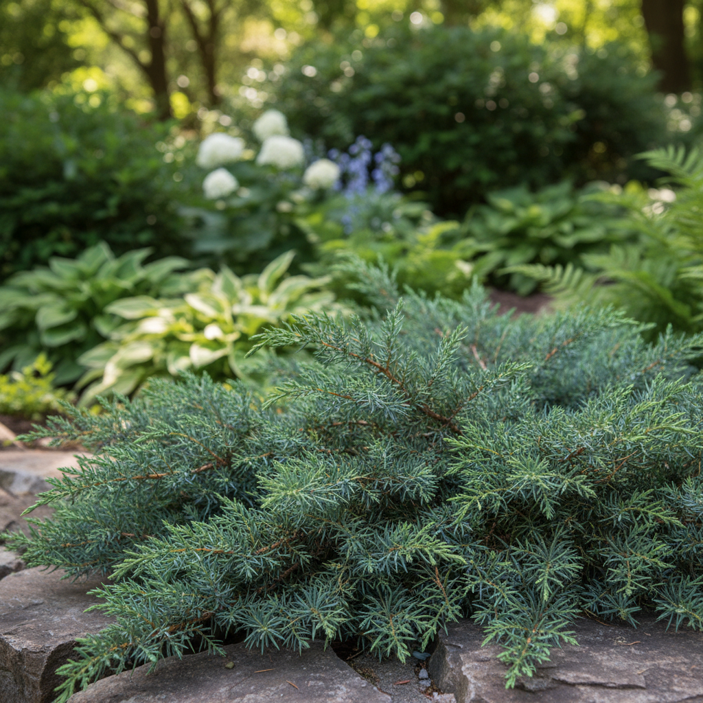 Dwarf Japanese Garden Juniper in garden setting