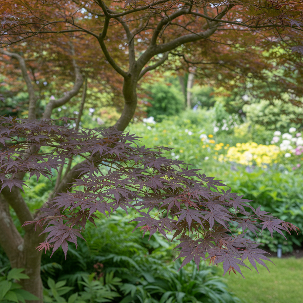 Purple Japanese maple in garden setting