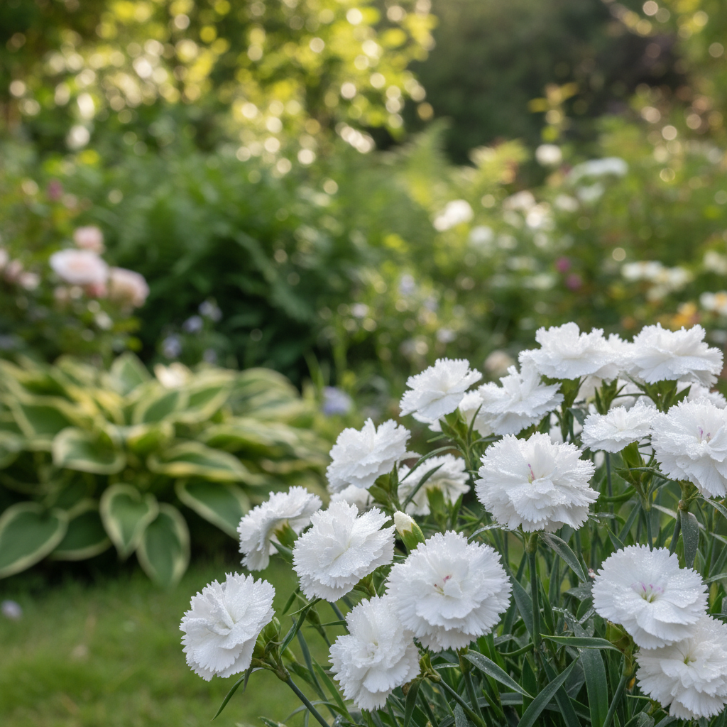 Pink ‘Mrs Sinkins’ in garden setting