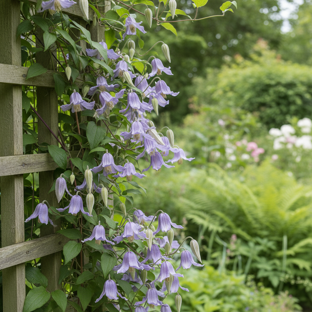 Clematis ‘Frances Rivis’ in garden setting