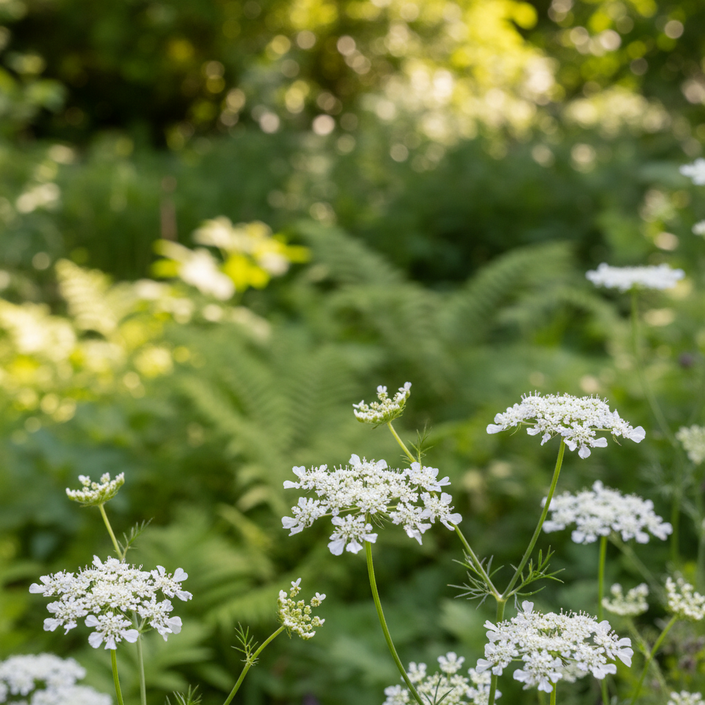White laceflower in garden setting