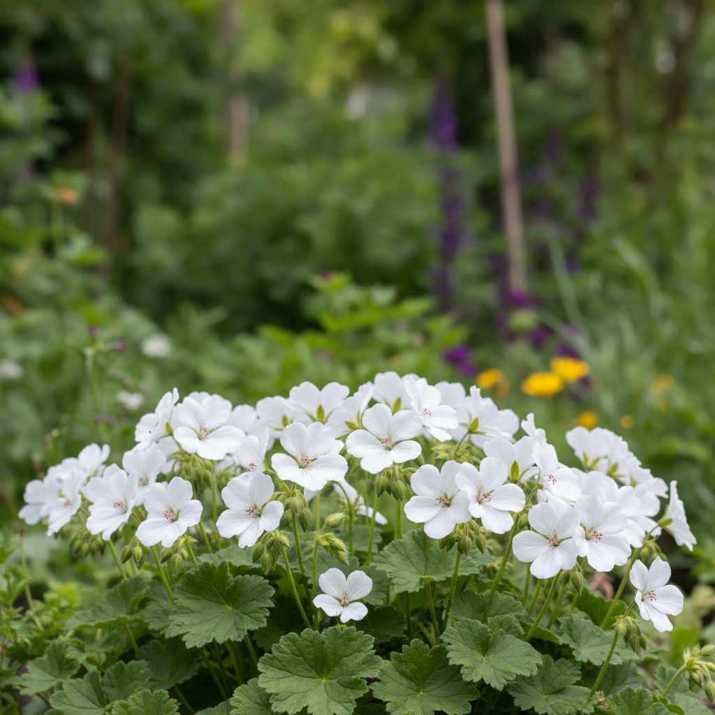 White-Ness Cranesbill in garden setting
