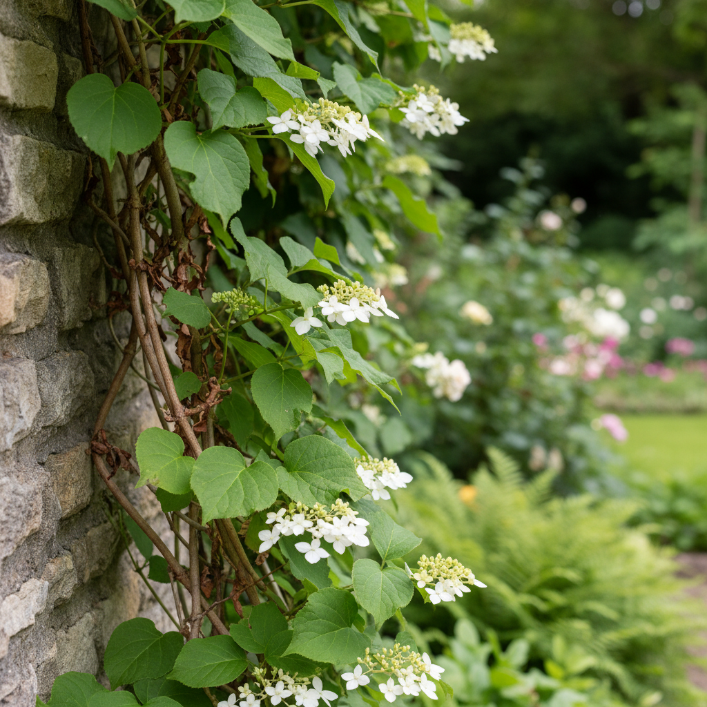 Climbing hydrangea in garden setting