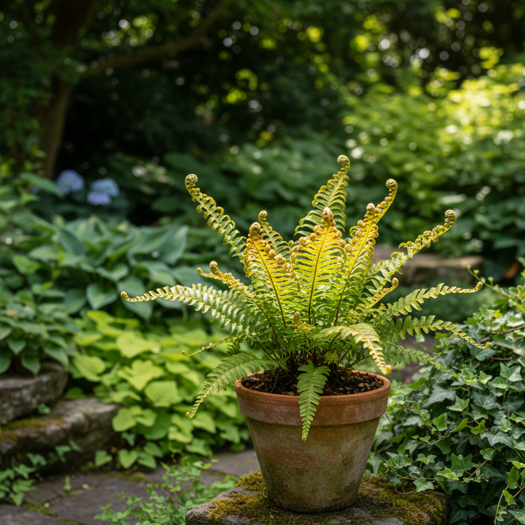 Golden Locks Fern in garden setting